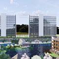 Modern Office Building With Green Roof Surrounded by Greenery Water Feature and Sports Court