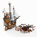 Building Blocks Pirate Ship Model With White Sails Cannons And Scattered Pieces 3d model