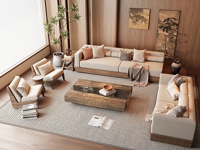 Quiet Chinese and Ancient Style Sofa Tea Table Combination Multi-person Sofa Solid Wood Sofa Double Sofa Solid Wood Coffee Table Leisure Chair model