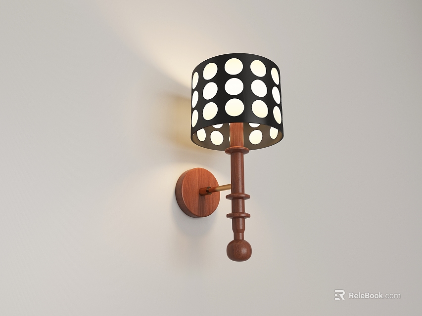 Modern Wall Lamp With Black White Polka Dot Shade And Wooden Bracket 3d model 