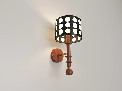 Modern Wall Lamp With Black White Polka Dot Shade And Wooden Bracket 3d model