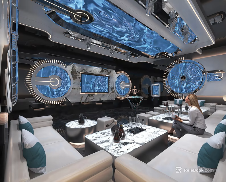 Stylish Modern KTV Lounge Interior With Blue Lighting Circular Decor And LED Screens 3d model 