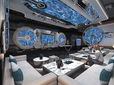 Stylish Modern KTV Lounge Interior With Blue Lighting Circular Decor And LED Screens 3d model