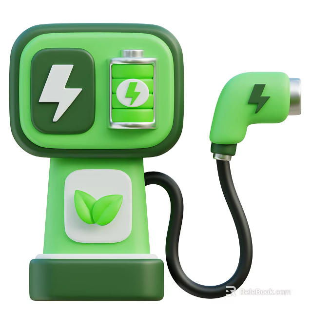 Smart Machine Green Electric Vehicle Charging Station With Lightning Symbol Battery And Leaf 3d model 