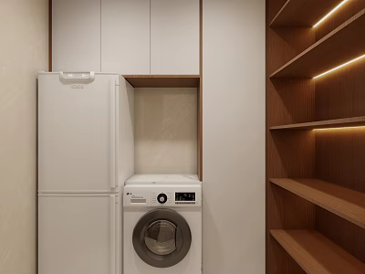 Modern Laundry Storage Area With Washing Machine Refrigerator Wooden Shelves And White Cabinets 3d model