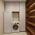 Modern Laundry Storage Area With Washing Machine Refrigerator Wooden Shelves And White Cabinets
