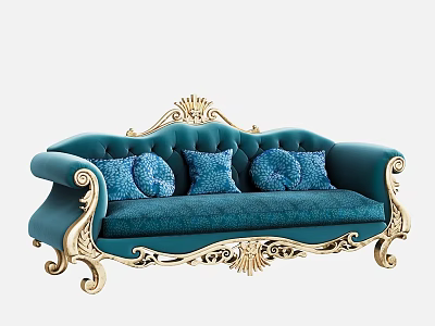 Teal Multi Seat Sofa with Velvet Upholstery Golden Ornate Accents and Plush Throw Pillows 3d model