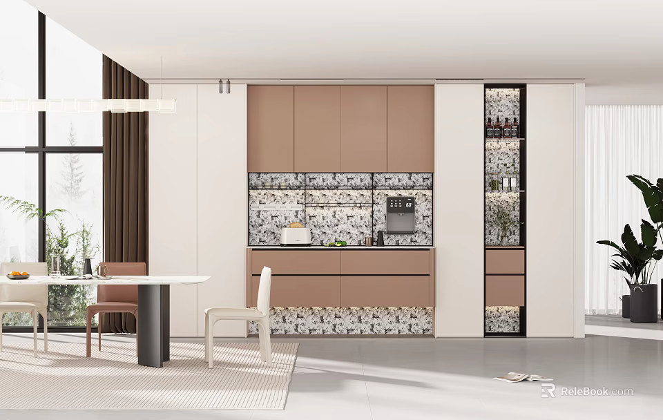 Modern Restaurant Interior Design With Open Layout Dining Table And Pendant Lights 3d model