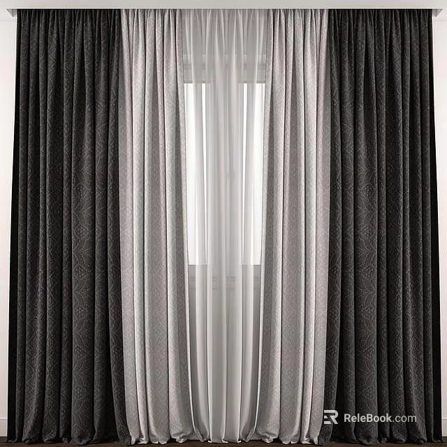 Stylish Layered Curtains With Dark Textured Panels And Light Sheer Center For Modern Window Decoration 3d model 