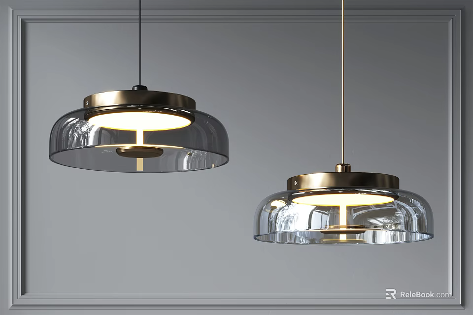 Illuminated Modern Pendant Lights With Transparent Glass Shades And Golden Metal Frames 3d model 