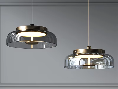Illuminated Modern Pendant Lights With Transparent Glass Shades And Golden Metal Frames 3d model