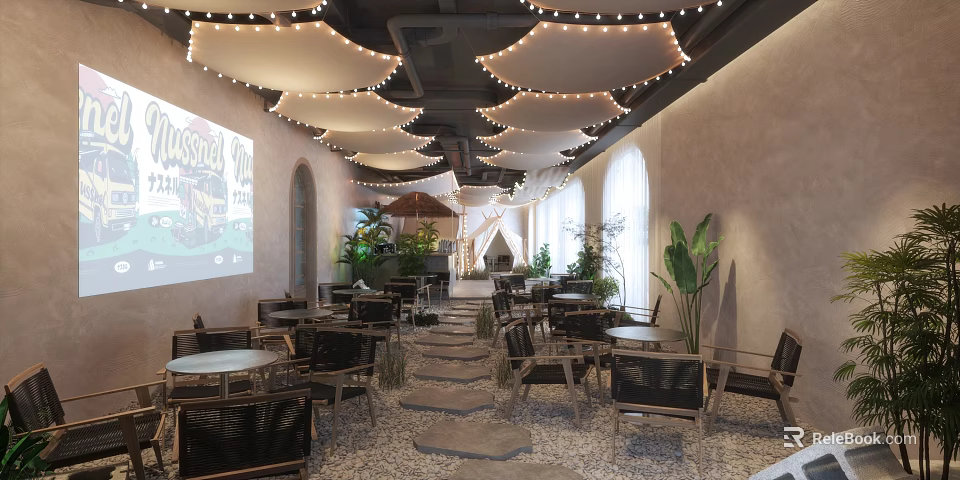 Cozy Café Interior Design With Arched Windows Decorative Lights Green Plants And Wooden Tables 3d model 