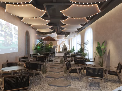 Cozy Café Interior Design With Arched Windows Decorative Lights Green Plants And Wooden Tables 3d model