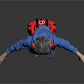 Woman wearing blue hoodie with headphone graphic red backpack gray pants purple shoes gray background