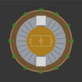 Circular Stadium Equipment Featuring Football Field Blue Stands White Buildings And Green Trees