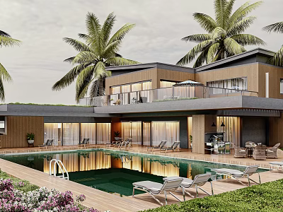 Modern Detached Villa with Private Swimming Pool Palm Trees and Lounge Chairs 3d model