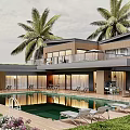 Modern Detached Villa with Private Swimming Pool Palm Trees and Lounge Chairs
