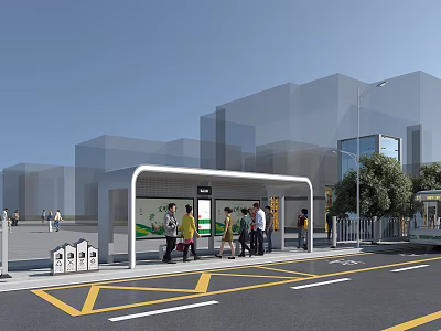 Modern Urban Road Facilities With Bus Stop Shelter Bicycle Parking And People Waiting 3d model