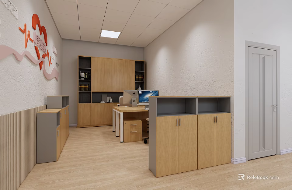 Modern Office Interior With Wooden Cabinets Bookshelves Computer Desk Wall Decoration And Wooden Flooring 3d model 