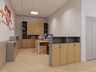 Modern Office Interior With Wooden Cabinets Bookshelves Computer Desk Wall Decoration And Wooden Flooring 3d model