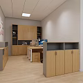 Modern Office Interior With Wooden Cabinets Bookshelves Computer Desk Wall Decoration And Wooden Flooring