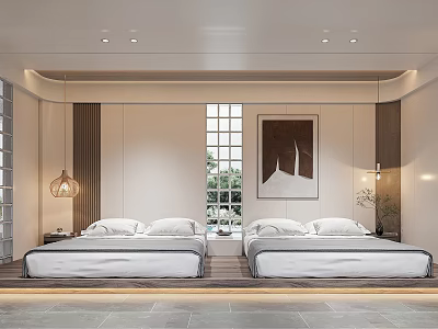 Hotel Guest Room Modern Interior Design With Twin Beds Large Window And Decorative Painting 3d model
