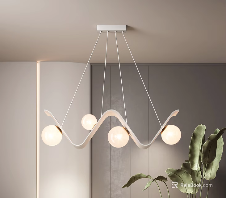 Modern Wave Shaped Chandelier With White Frame And Spherical Bulbs In Minimalist Interior 3d model 