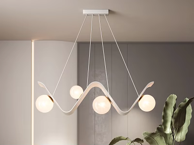 Modern Wave Shaped Chandelier With White Frame And Spherical Bulbs In Minimalist Interior 3d model