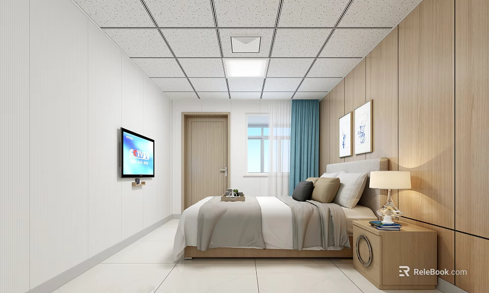 Cozy Hotel Guest Room Interior With Comfortable Bed Wall Mounted TV And Wooden Panels 3d model 