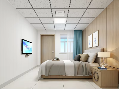Cozy Hotel Guest Room Interior With Comfortable Bed Wall Mounted TV And Wooden Panels 3d model