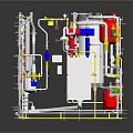 Industrial Equipment System Detailed 3D Model With Pipes Valves Red Containers White Cabinets Yellow Components