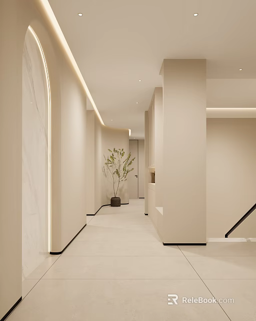 Modern Minimalist Elevator Hallway Interior Design With Beige Walls Linear Lighting And Green Plant 3d model 