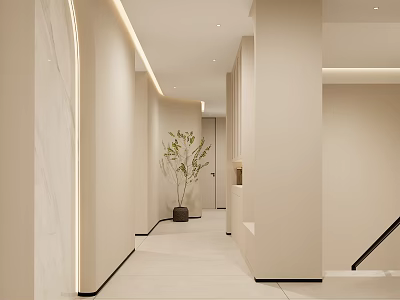 Modern Minimalist Elevator Hallway Interior Design With Beige Walls Linear Lighting And Green Plant 3d model
