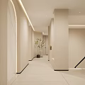 Modern Minimalist Elevator Hallway Interior Design With Beige Walls Linear Lighting And Green Plant