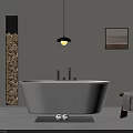 Contemporary Bathroom Interior Featuring White Bathtub Wooden Log Column Pendant Light And Wall Art