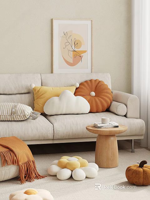 Decorative Throw Pillows In Yellow White Cloud And Orange Round Shapes On Light Colored Sofa 3d model 