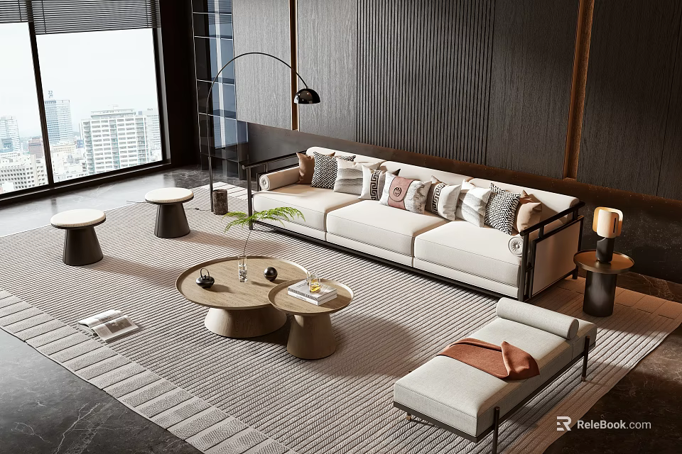 Modern Living Room Sofa Coffee Table Set With Cushions City View Floor Lamp And Rug 3d model 