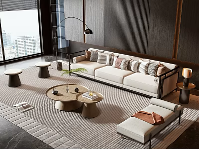 Modern Living Room Sofa Coffee Table Set With Cushions City View Floor Lamp And Rug 3d model