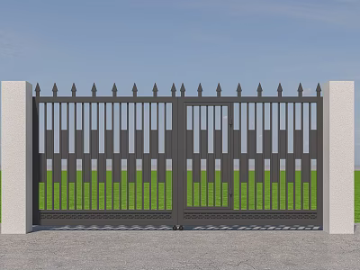 Black Metal Gate With Spiked Top White Pillars Green Grass And Blue Sky Background 3d model