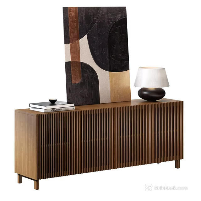 Modern Wooden Decorative Cabinet With Abstract Painting Table Lamp Books And Vertical Striped Design 3d model 