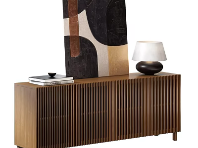 Modern Wooden Decorative Cabinet With Abstract Painting Table Lamp Books And Vertical Striped Design 3d model