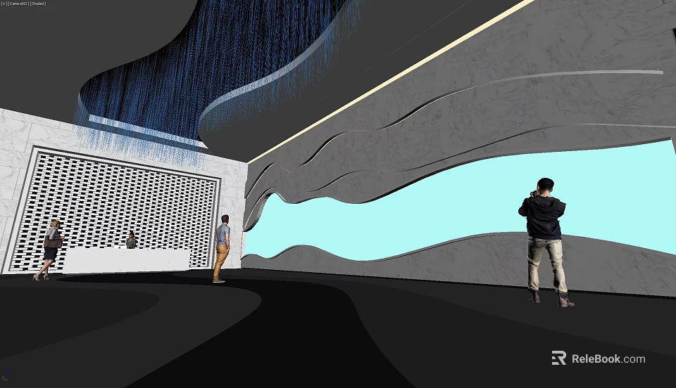 Modern Interior Space With Wave Like Dripping Design People Taking Photos And Perforated Wall 3d model 