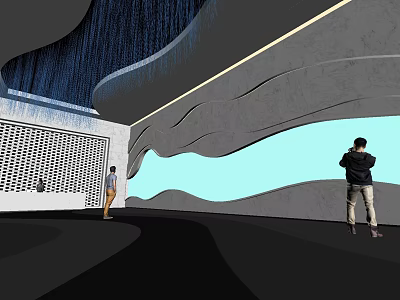 Modern Interior Space With Wave Like Dripping Design People Taking Photos And Perforated Wall 3d model