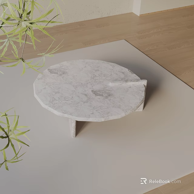 Modern Sofa Coffee Table Set With Round Marble Top Wooden Floor And Green Plants 3d model 