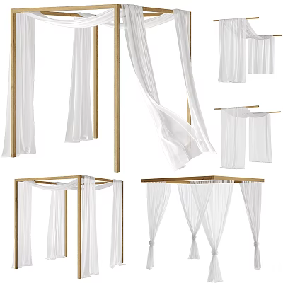 Elegant White Bed Canopy Design With Wooden Frame And Hanging Curtain 3d model