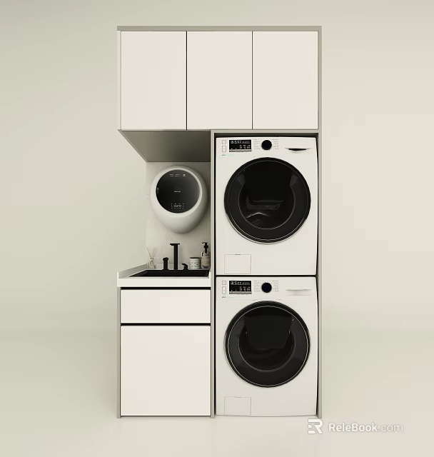 Modern Stacked Washer Dryer With White Cabinets Small Countertop And Round Mirror 3d model 