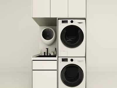 Modern Stacked Washer Dryer With White Cabinets Small Countertop And Round Mirror 3d model