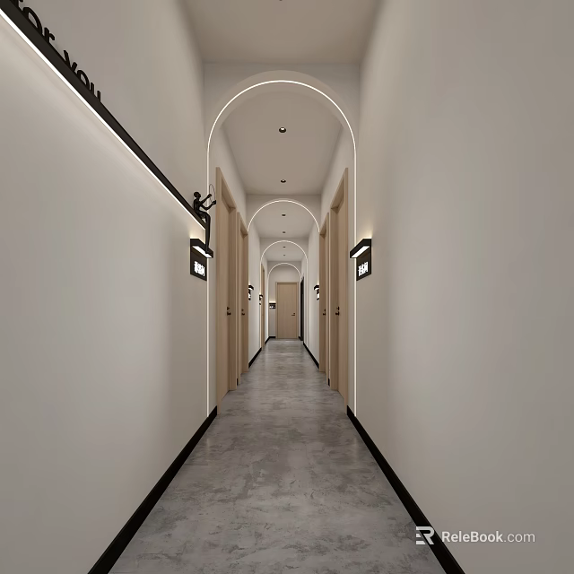 Serene SPA Sauna Corridor with Arched Doorways Wooden Doors Gray Floor Tiles and Wall Lamps 3d model 