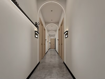 Serene SPA Sauna Corridor with Arched Doorways Wooden Doors Gray Floor Tiles and Wall Lamps 3d model