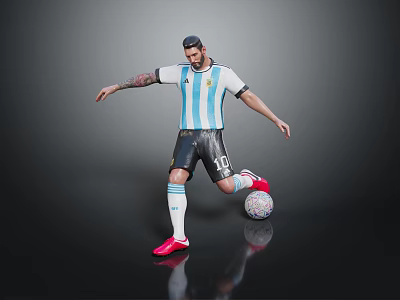 Man In Argentina Blue And White Striped Soccer Jersey Kicking Soccer Ball With Red Cleats 3d model